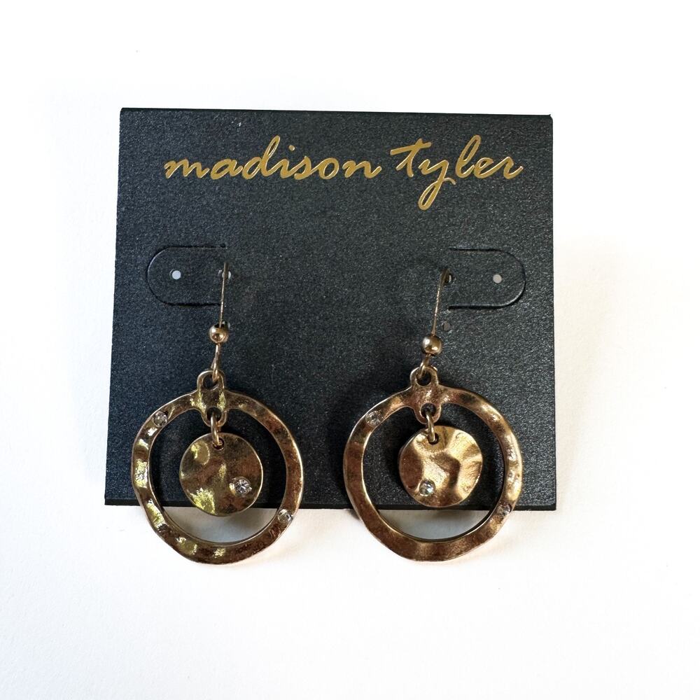 Madison Tyler Gold Tone Hammered Circle Dangle Earrings Rhinestone Boho